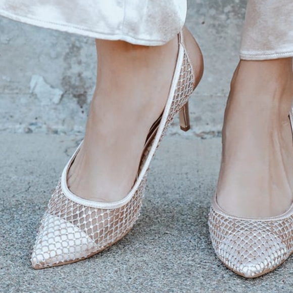 Floria Champagne Mesh Rhinestone Pointed-Toe Pumps - Picture 1 of 11